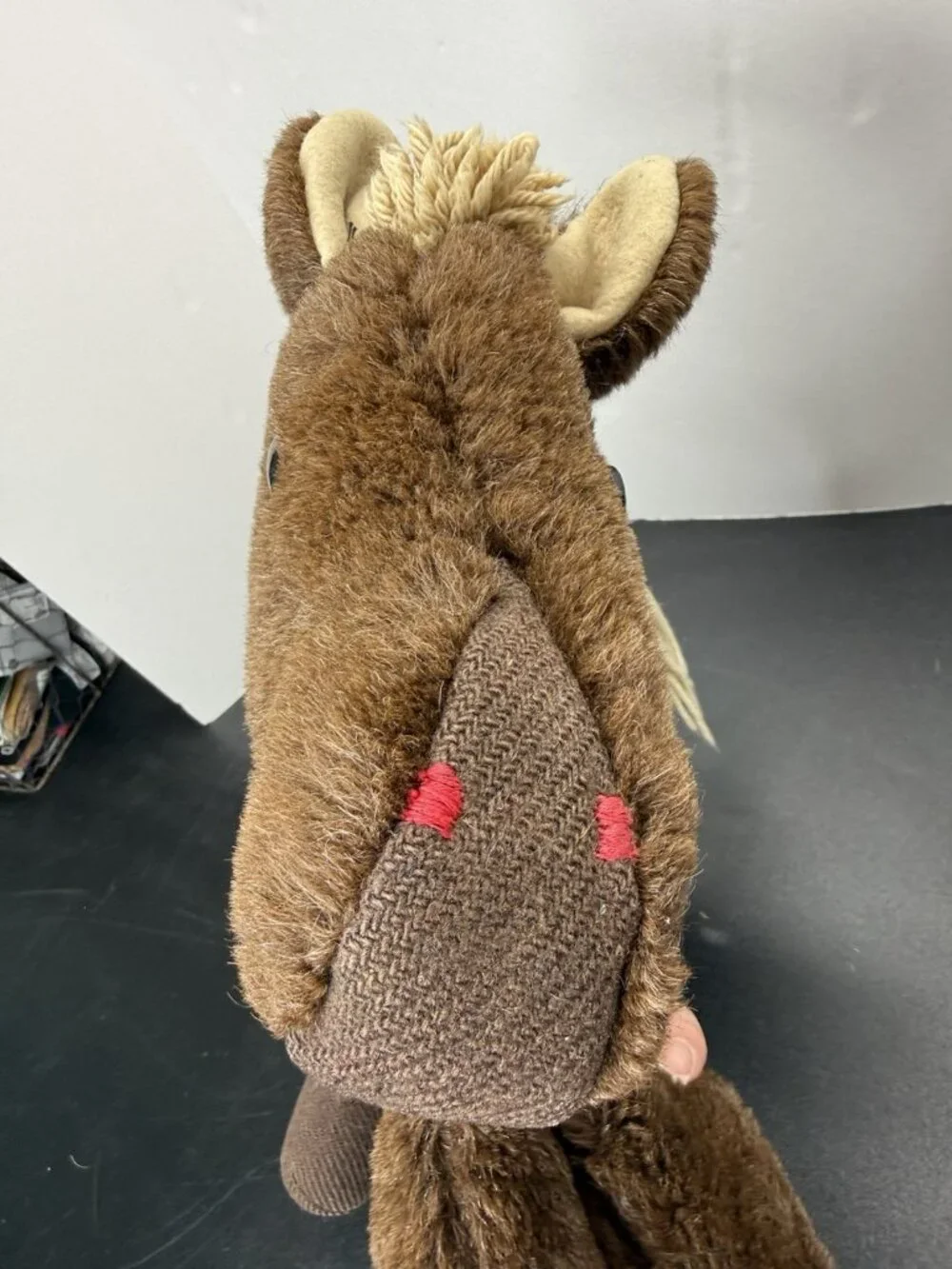 Vintage Handmade 18” Plush Stuffed Animal Horse With Red Bow Jingle Bell